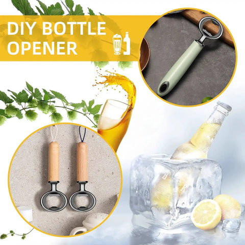 DIY bottle opener with stainless steel inserts, ice block, and wooden handle design, showcasing custom crafting potential.