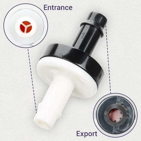 Close-up of a 1/4 inch inline check valve with plug‑in barb, ABS plastic; black body and white outlet for liquids and air systems