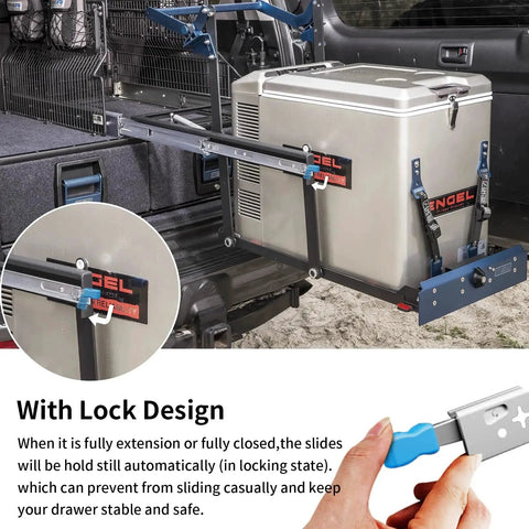 Heavy Duty Locking Drawer Slides With Full Extension Runners Side Mount Ball Bearing Rails Track Glides 250 Lbs 12 To 40 Inch Options 1 Pair Durable Steel For Smooth Quiet Operation And Reliable Drawer Support, shown installed with a secured fridge in a vehicle.