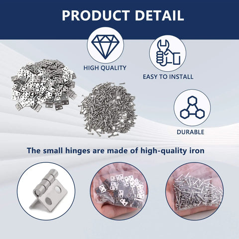 Mini Hinges For Crafts 10x8mm With Screws 100 Pieces Tiny Brass Hinges For Wooden Box Jewelry Box Silver Hardware For Dollhouse Furniture For DIYers And Makers shown with screws and installation icons