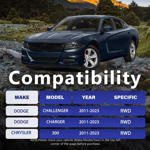 Blue Dodge Charger parked on rocky landscape with compatibility table for Dodge Challenger, Charger, and Chrysler 300 models.