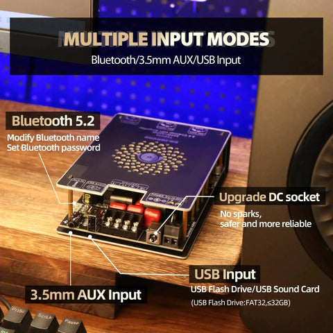 Beefy 440W Dual Channel Audio Amplifier Board with Bluetooth 5.2, AUX inputs, and dual TPA3251 chips on a wooden table.