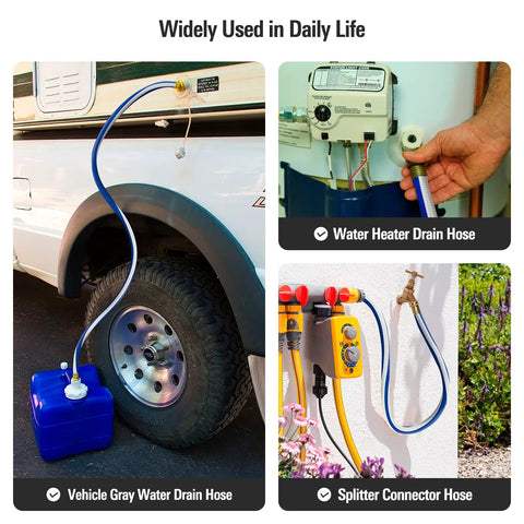 Garden hose 3/4 in x 3 ft, heavy-duty blue hose with female fittings; connected to vehicle drain and splitter setup.