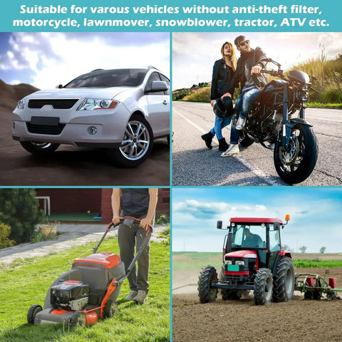 Collage of car, motorcycle, lawn mower, and tractor showcasing versatility of Manual Gas Siphon Pump For Water And Fuel Transfer.