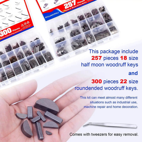 Complete Woodruff Key Assortment Kit 557 Pieces in 40 Popular Sizes Including 257 Woodruff Half Moon Keys 300 Round Ended Feather Keys shown in box.