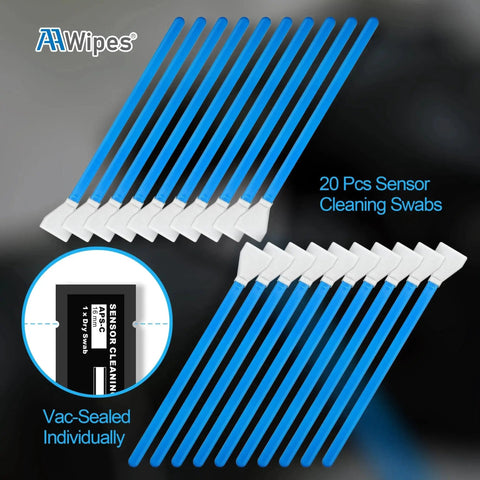 Sensor Cleaning Swabs for APS-C Cameras 16 Mm Head 20 Pack, showing blue-handled swabs vacuum-sealed, perfect for sensor maintenance.