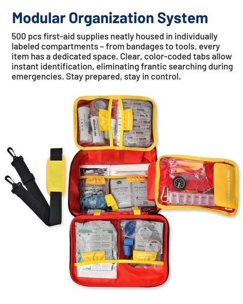 Open view of 500 Piece First Aid Kit For Car Home Travel Camping Dorms Waterproof Trauma Medical Kit with labeled compartments and supplies