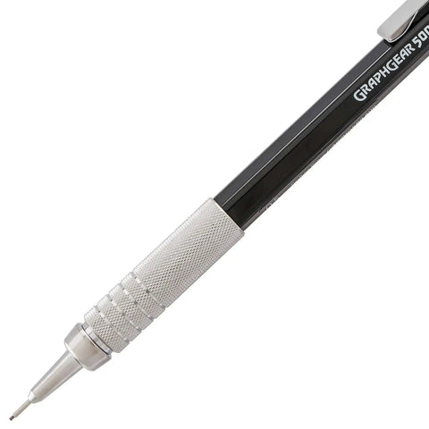 Graph Gear 500 Automatic Drafting Pencil 0.5mm with slick black barrel, slim beveled grip, and metal mesh texture, side view.