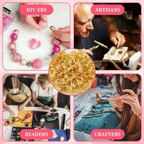 Gold Mini Crown Charms For DIY Jewelry Making 100Pcs Tiny King Crown Beads in various crafting settings with artisans and beaders