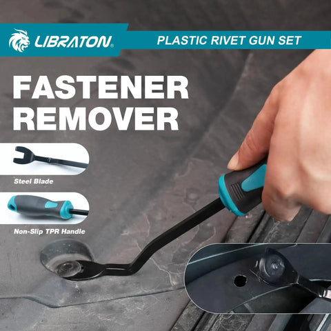Lightweight 90 Degree Plastic Rivet Gun Kit With One Hand Riveter 40 Nylon Rivets Four Sizes Universal Nosepiece For Automotive And Electronics Ergonomic Grip And About Fifty Percent Lighter Force For Easy Everyday Use being used to remove a fastener.