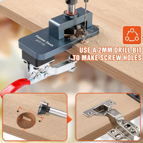 All Metal Concealed Hinge Jig With 35Mm Drilling Hole Template Quick Clamp For Accurate Hinge Mounting, shown clamped on wood