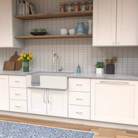 Kitchen with installed Solid Core Stainless Steel Cabinet Pulls, 5-1/16 Inch Hole Center, 128mm, Greenwich Collection handles.