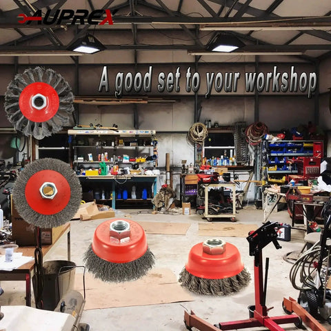 Four Pack Wire Wheel And Cup Brush Set For Four And A Half Inch Angle Grinder With Five Eighths Inch Eleven Threaded Arbor in workshop setting