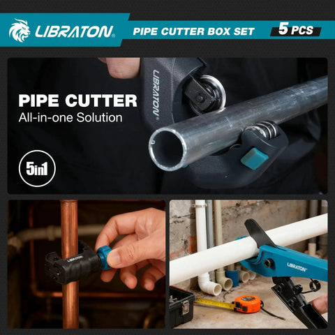 Heavy Duty Pipe Cutter Set Pro Grade 5 Piece Tubing Tool Kit Including Copper Tube Cutter One Eighth To Two Inches PEX Cutter Deburring Tool Aluminum PVC Reamer In Sturdy Blow Mold Case, showing cutters on metal and PVC pipes.