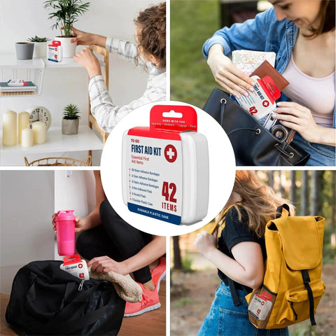 Collage of a 1000 Piece First Aid Kit Set With 24 Compact Boxes Each Containing 42 Essential Wound Care Items For Travel Car Home Office Camping And School Field Trips Grab And Go Ready DecorRack