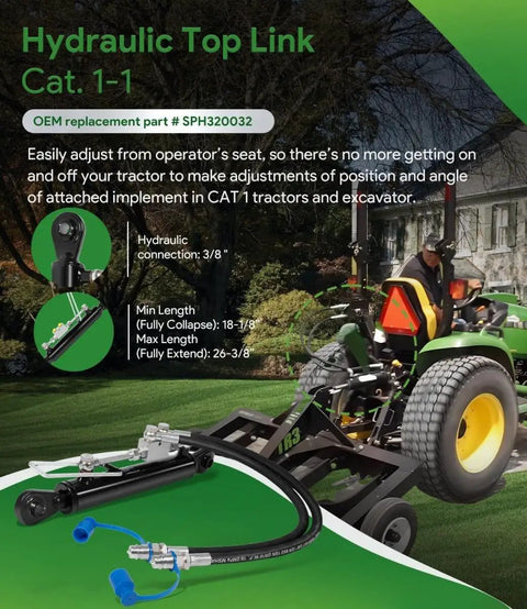 Heavy Duty Hydraulic Top Link Cat 1-1 with Locking Block and Two Hoses attached to a tractor, showing extendable cylinder setup.