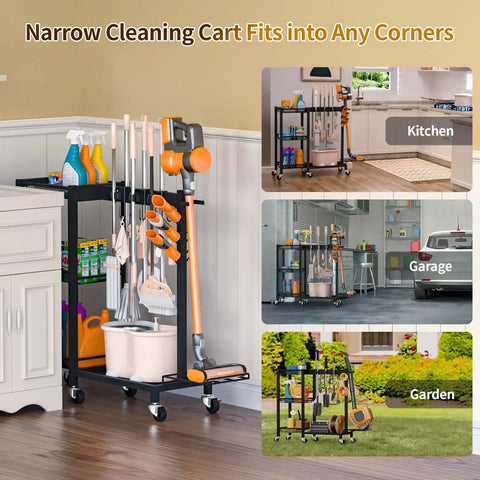 3 In 1 Cleaning Organizer Cart With Wheels And Vacuum Stand in kitchen, garage, garden settings, featuring 3 tier shelves and mop hangers