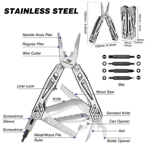 Multitool 21 In 1 Stainless Steel Pocket Knife With Screwdriver Sleeve Self Locking Pliers And Durable Sheath for Outdoor Use