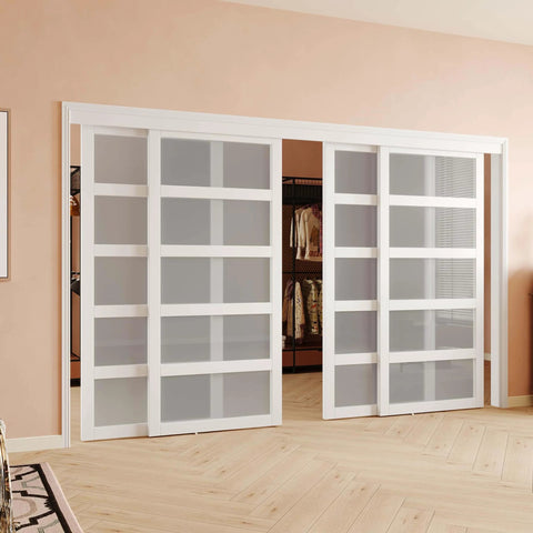 72 Inch Sliding Closet Door Kit With 5 Lite Frosted Glass Panels In White MDF Includes Hardware Track And Floor Guide Pre Drilled For Easy Assembly Space Saving Double Sliding Doors For Modern Bedroom Closet, installed view.
