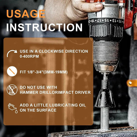 Versatile External Chamfer Tool For Deburring And Edge Cleanup With Tungsten Carbide Blade Fits One Eighth To Three Quarters Inch Capacity For Round Stock Screws Bolts And Fasteners Go-To Tool By Luckyway shown attached to drill with usage instructions