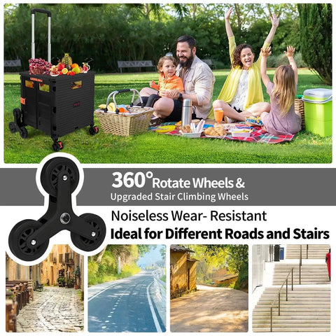 Two Pack Triangle Stair Climbing Wheels for Shopping Cart and Laundry Trolley with family picnic background, compatible with BY06C BY10C
