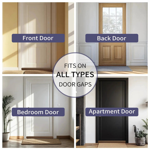 All Weather Door Draft Stopper With Plush Velour Fabric Universal Under Door Seal fits various door types including front, back, bedroom, and apartment doors.