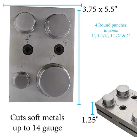 Pro Grade Circle Disc Cutter Set With Four Punches And Die For Cutting Clean Circles From Soft Metal Up To 14 Gauge Includes One Inch One And A Quarter Inch One And A Half Inch And Two Inch Sizes Hardened Alloy Steel Construction
