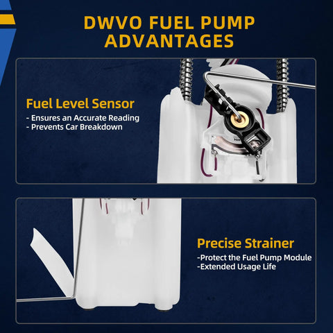 Close-up of DWVO fuel pump with fuel level sensor and precise strainer, designed for Chevy Silverado and GMC Sierra trucks 1999-2004.