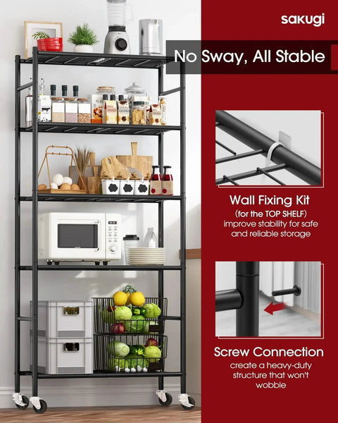5-Tier Wire Shelving Unit With 360-Degree Wheels And Adjustable Leveling Feet, heavy-duty garage storage, kitchen use.
