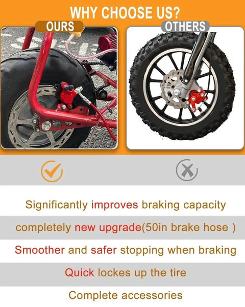 Comparison of mini bike disc brake caliper kits, highlighting hydraulic disc brake caliper kit for mini bikes with 80mm rear rotor.