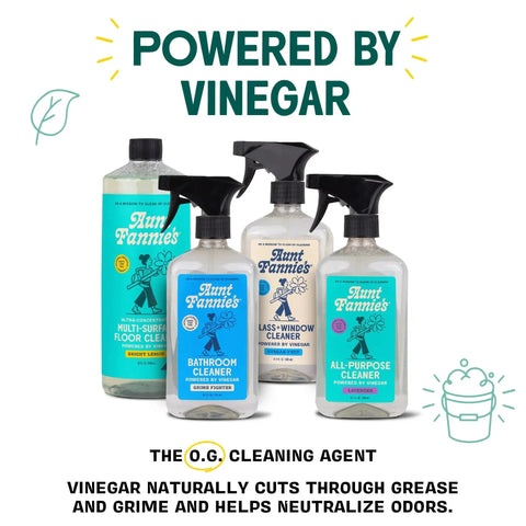 Bottles of cleaning products, including Streak Free Glass And Window Cleaning Wipes With Vinegar Plant Based Cleaners, labeled with "Powered by Vinegar."