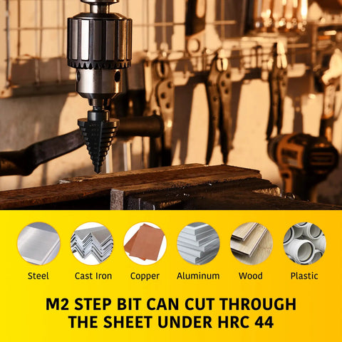 Drill press using M2 step bit on metal, showcasing cutting capabilities. Workshop setting with tools in background.