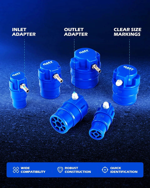 Turbo Boost Leak Tester Kit With Smoke Adapter And 6 Pairs Of Stepped Adapters 1.2 To 3.5 Inches for turbo system leak testing. Blue adapters with clear size markings.