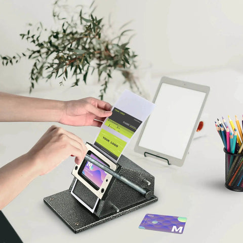 Manual Corner Cutter for Credit Cards and IDs with Round Corners, PVC Card Cutter for Passport Photos, in use on a desk