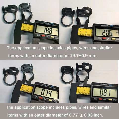 Double Gripping Nylon Hose Clamps With Snap Grip For Ultra Secure Low Pressure Hose Connections In The 18.8 To 20.6 Millimeter Range Three Quarter Inch Size Reusable Easy To Install Nylon Plastic Clamps 20 Pack shown with calipers measuring 19.8mm to 20.6mm size adjustment