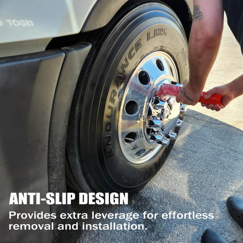 33 mm Lug Nut Cover Remover Tool Socket for Semi Truck with 11 Inch Leverage in use on semi truck wheel