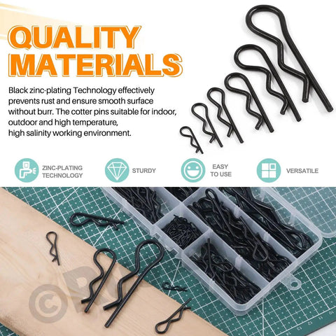 Six Sizes Black Zinc Plated Hitch Pins R Clips Kit With 145 Pcs Heavy Duty Carbon Steel Retaining Pins in storage box