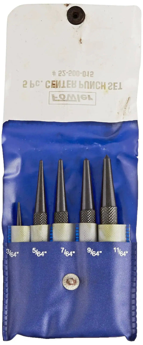 Center Punch 5 Piece Set for Metalworking, Pro Grade Chrome Alloy Steel With Hardened Ends, Black Nitrate Finish in blue pouch