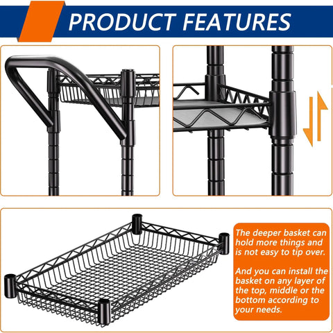 Close-up features of Three Tier Heavy Duty Rolling Utility Cart with handle bar and metal frame, adjustable shelf design.