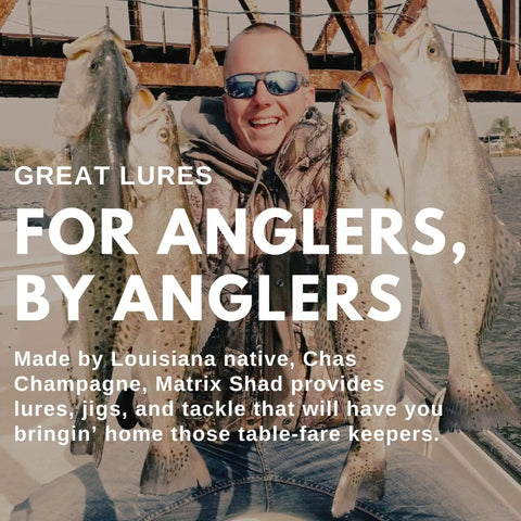 Person holding multiple large fish on a boat under a bridge, promoting lures, jigs, and tackle for anglers by Matrix Shad.