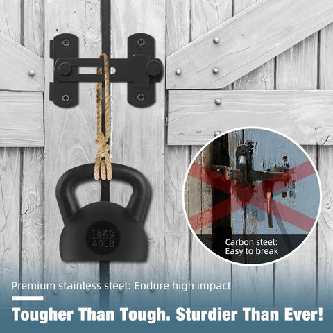 Stainless Steel Barn Door Gate Latch 2 Pack For Outdoor Wooden Fence Gates And Small Sliding Doors Built To Last With A Black Finish, installed on a barn door with a weight attached to demonstrate durability.