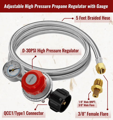 CALPOSE 5ft stainless steel braided propane regulator hose with gauge, 0–30 PSI, QCC1 connector, 3/8 inch female flare