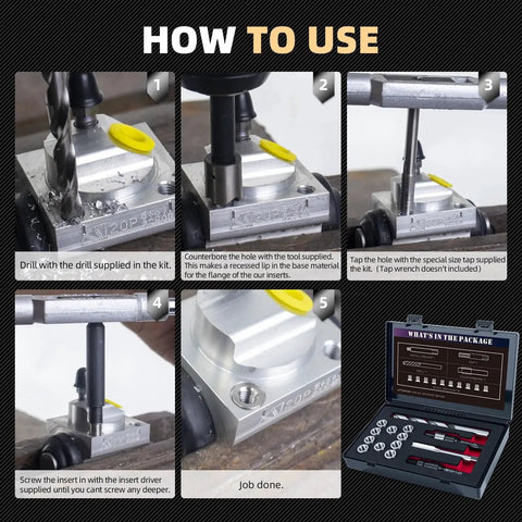 How to use Pro Grade Stainless Steel M10x1.25 Thread Repair Kit With 14mm Inserts, 10 Pieces, Includes HSS Drill, Tap, Counterbore And Installation Driver For Rebuilding Damaged Threads, Stronger Than Helicoil And Built To Last with step-by-step images.