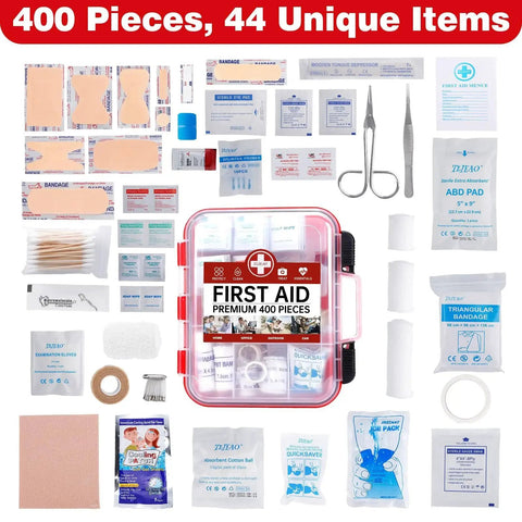 All Purpose 400 Piece First Aid Kit With Dual Layer Wall Mount Organizer showing assorted medical supplies