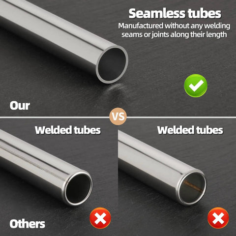 Comparison of seamless and welded tubes; top shows Two Pack Stainless Steel Round Tubing 300mm 0.75 Inch OD 304 Seamless Tube Heavy Duty.