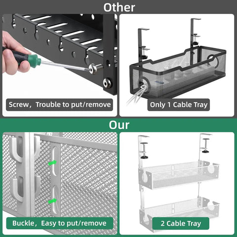 Comparison of Dual Pack Under Desk Cable Management Tray Set With Metal Clamp Mounts highlighting installation differences and tray quantity.