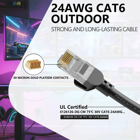 Close-up of Cat6 Ethernet Patch Cable 1ft 5 Pack 10Gbps RJ45 Pure Copper 24AWG showing gold-plated contacts with text overlay.