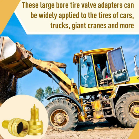 20 Pcs Large Bore Tire Valve Adapters Brass 22mm External Stem Reducers Connectors In Gold shown with construction vehicle