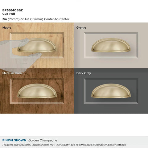 Golden Champagne Ashby Cabinet Cup Pull for 3 Inch and 4 Inch Spacing, displayed on maple, greige, medium brown, and dark gray finishes