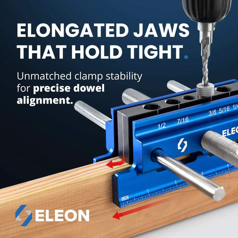 Self Centering Dowel Jig With Elongated Jaws And Extra Wide Clamp For Fast Accurate Woodworking The Setup Is A Breeze With This Durable Aluminum Alloy Drill Guide In A Bold Blue Finish Built For Lasting Craftsmanship And Easy DIY Projects